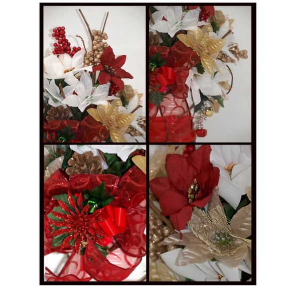 Holiday Vintage Santa Boot Floral Arrangement Centerpiece, Poinsettia Flowers - Picture 6 of 10